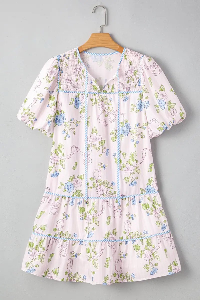 Pink Floral Striped Print Contrast Trim Tie Split Neck Mini Dress - Love Salve